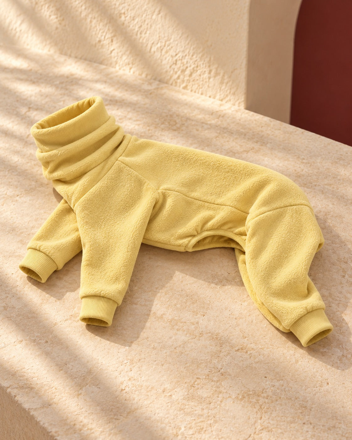 Soft Fleece Covered-Belly Iggy Suit in Yellow, garment detail
