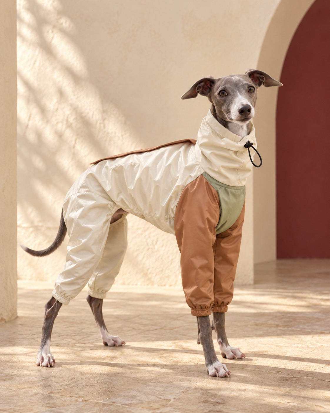 Two-Tone Four-Leg Iggy Outdoor Suit, worn by an Italian Greyhound