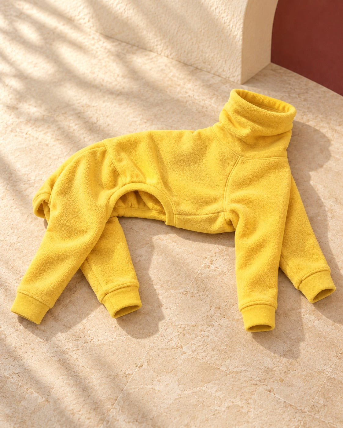 Yellow Fleece Four-Leg Iggy Onesie in Yellow, garment detail