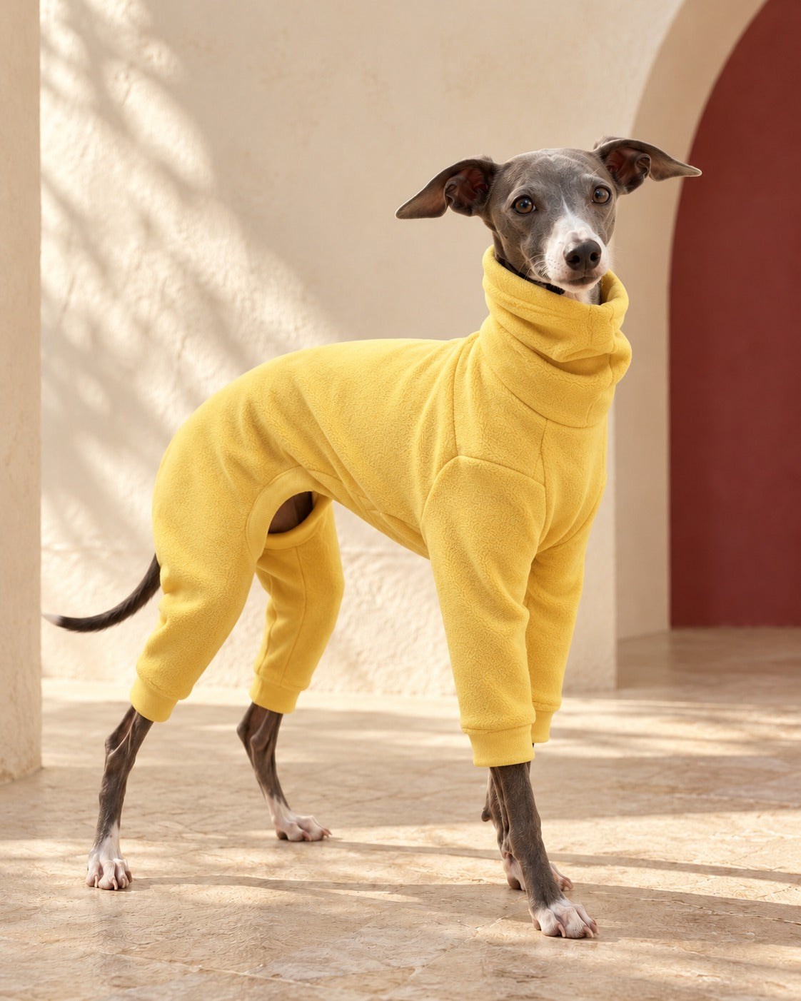 Yellow Fleece Four-Leg Iggy Onesie in Yellow, worn by an Italian Greyhound