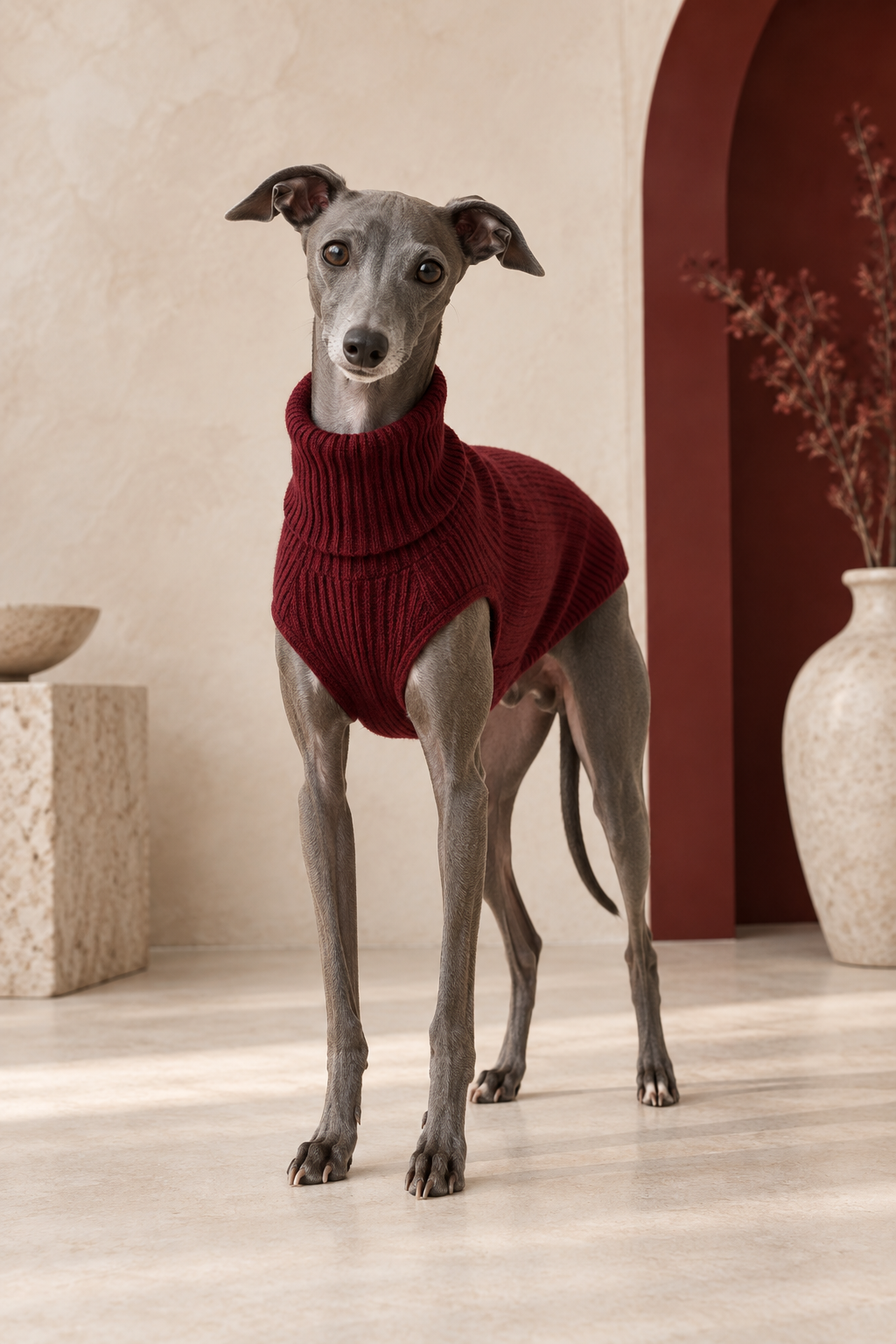 Italian Greyhound wearing a burgundy Iggy Grey sweater